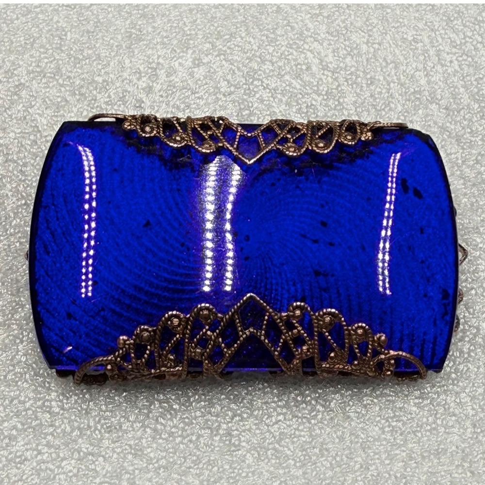 Vintage West German Czech Blue Guilloche Enamel Filigree Brooch Pin Unsigned